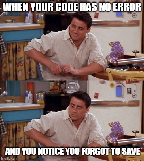 Joey meme | WHEN YOUR CODE HAS NO ERROR; AND YOU NOTICE YOU FORGOT TO SAVE | image tagged in joey meme | made w/ Imgflip meme maker