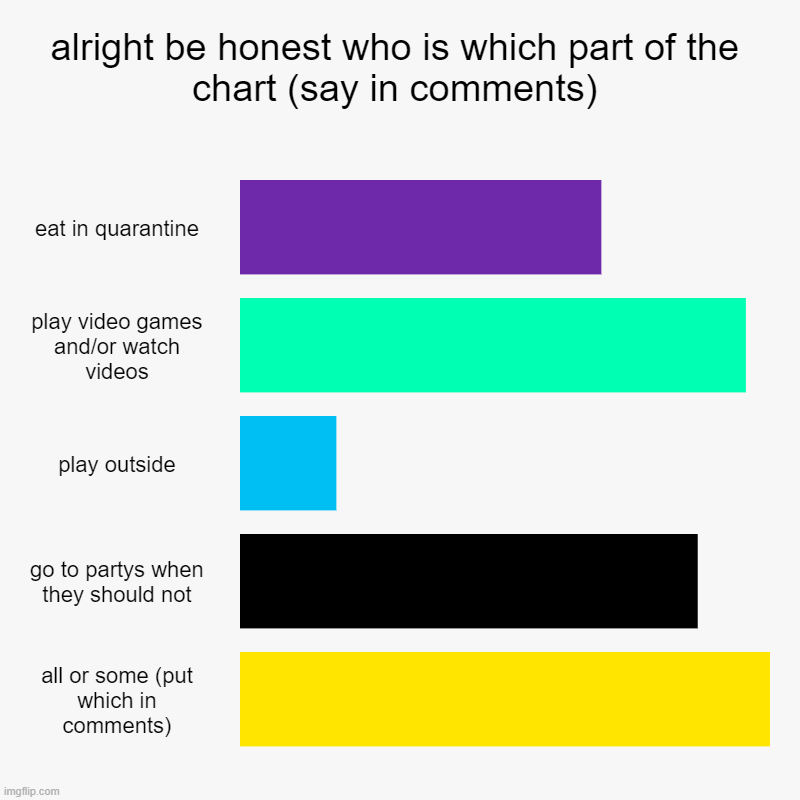 be honest whos who | alright be honest who is which part of the chart (say in comments) | eat in quarantine, play video games and/or watch videos, play outside,  | image tagged in charts,bar charts | made w/ Imgflip chart maker