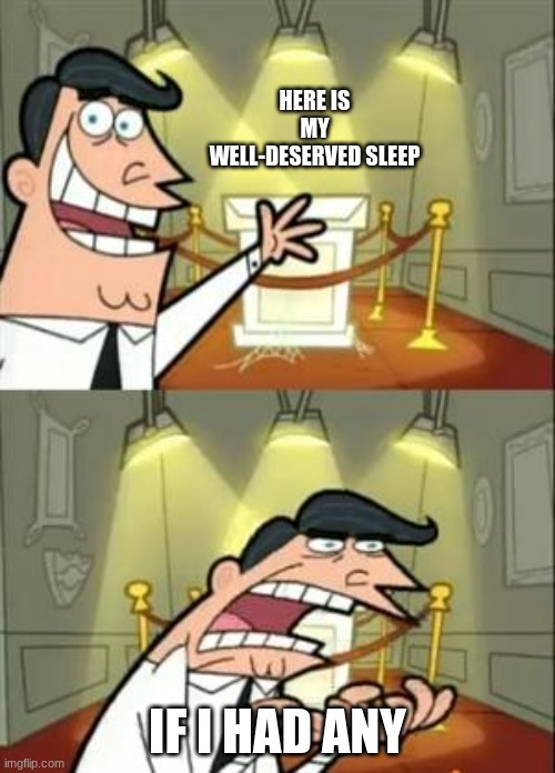 Sleep... | HERE IS MY WELL-DESERVED SLEEP; IF I HAD ANY | image tagged in memes,this is where i'd put my trophy if i had one,sleep,sleeping | made w/ Imgflip meme maker