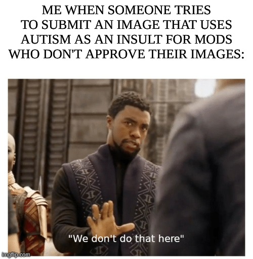 Please read the rules and be respectful before submitting, please. :) | ME WHEN SOMEONE TRIES TO SUBMIT AN IMAGE THAT USES AUTISM AS AN INSULT FOR MODS WHO DON'T APPROVE THEIR IMAGES: | image tagged in we don't do that here,autism,respect,no | made w/ Imgflip meme maker