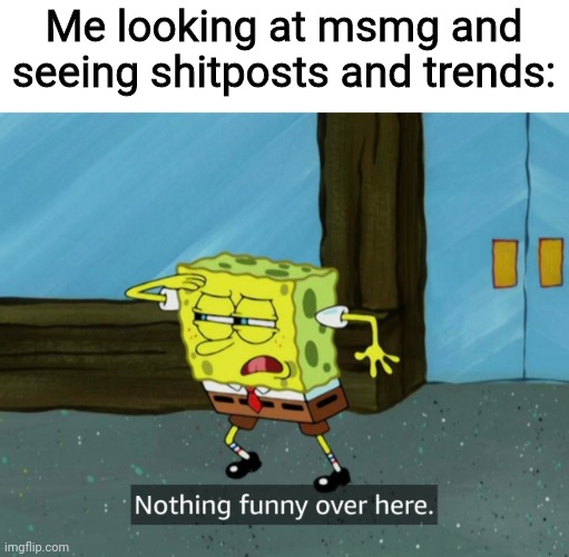 There ya go FFA | Me looking at msmg and seeing shitposts and trends: | image tagged in nothing funny over here | made w/ Imgflip meme maker