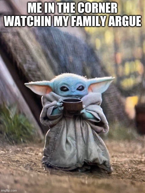 poiuytredxcvbhgfdc | ME IN THE CORNER WATCHIN MY FAMILY ARGUE | image tagged in baby yoda tea,family,argument,baby yoda | made w/ Imgflip meme maker