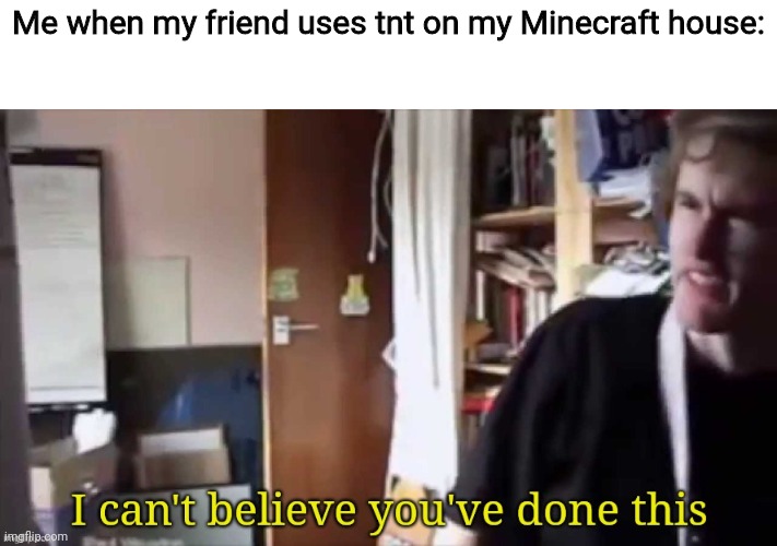 DAMN YOU | Me when my friend uses tnt on my Minecraft house: | image tagged in i can't believe you've done this | made w/ Imgflip meme maker