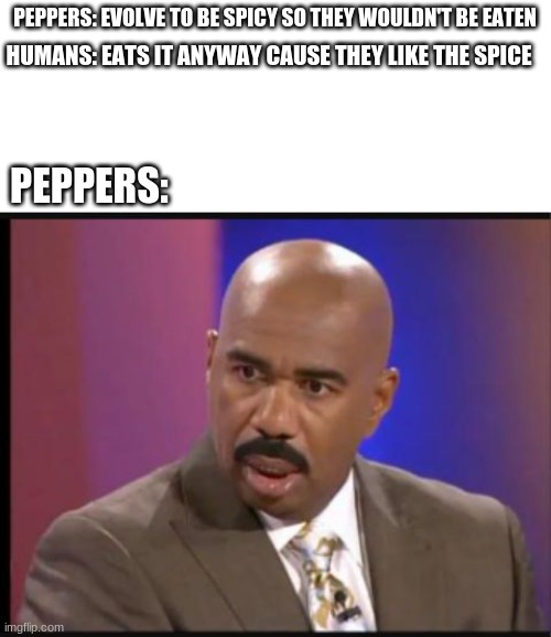 comment if you agree. no upvotes plz | PEPPERS: EVOLVE TO BE SPICY SO THEY WOULDN'T BE EATEN; HUMANS: EATS IT ANYWAY CAUSE THEY LIKE THE SPICE; PEPPERS: | image tagged in steve harvey that face when | made w/ Imgflip meme maker