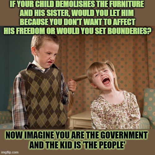 Do you set bounderies or do you want absolute freedom for everyone? | IF YOUR CHILD DEMOLISHES THE FURNITURE 
AND HIS SISTER, WOULD YOU LET HIM 
BECAUSE YOU DON'T WANT TO AFFECT HIS FREEDOM OR WOULD YOU SET BOUNDERIES? NOW IMAGINE YOU ARE THE GOVERNMENT 
AND THE KID IS 'THE PEOPLE' | image tagged in boundaries,raising children,discipline | made w/ Imgflip meme maker