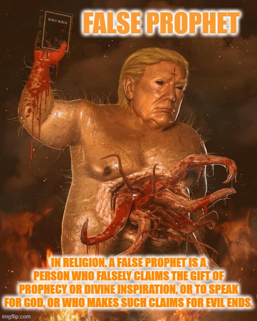 FALSE PROPHET | FALSE PROPHET; IN RELIGION, A FALSE PROPHET IS A PERSON WHO FALSELY CLAIMS THE GIFT OF PROPHECY OR DIVINE INSPIRATION, OR TO SPEAK FOR GOD, OR WHO MAKES SUCH CLAIMS FOR EVIL ENDS. | image tagged in evil,divine inspiration,claim,false,prophet,religion | made w/ Imgflip meme maker