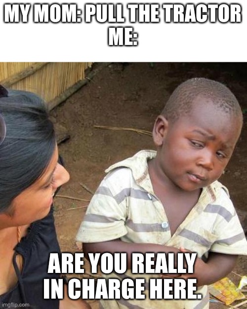 Third World Skeptical Kid | MY MOM: PULL THE TRACTOR
ME:; ARE YOU REALLY IN CHARGE HERE. | image tagged in memes,third world skeptical kid | made w/ Imgflip meme maker