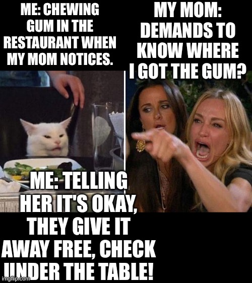 Woman yelling at cat reversed | MY MOM: DEMANDS TO KNOW WHERE I GOT THE GUM? ME: CHEWING GUM IN THE RESTAURANT WHEN MY MOM NOTICES. ME: TELLING HER IT'S OKAY, THEY GIVE IT AWAY FREE, CHECK UNDER THE TABLE! | image tagged in women yelling at cat reversed | made w/ Imgflip meme maker