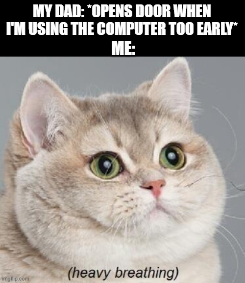 Don't let this happen to you | MY DAD: *OPENS DOOR WHEN I'M USING THE COMPUTER TOO EARLY*; ME: | image tagged in memes,heavy breathing cat | made w/ Imgflip meme maker