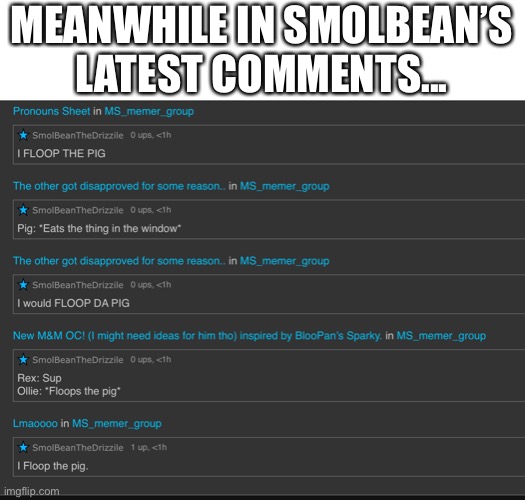 I FLOOP THE PIG | MEANWHILE IN SMOLBEAN’S LATEST COMMENTS... | image tagged in floop | made w/ Imgflip meme maker