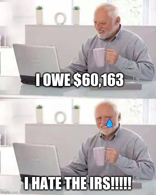 i hate the irs | I OWE $60,163; I HATE THE IRS!!!!! | image tagged in memes,hide the pain harold,i hate the irs | made w/ Imgflip meme maker