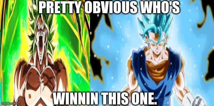 we all know who's winnin | PRETTY OBVIOUS WHO'S; WINNIN THIS ONE. | image tagged in vegito blue,broly,fighting,vs | made w/ Imgflip meme maker