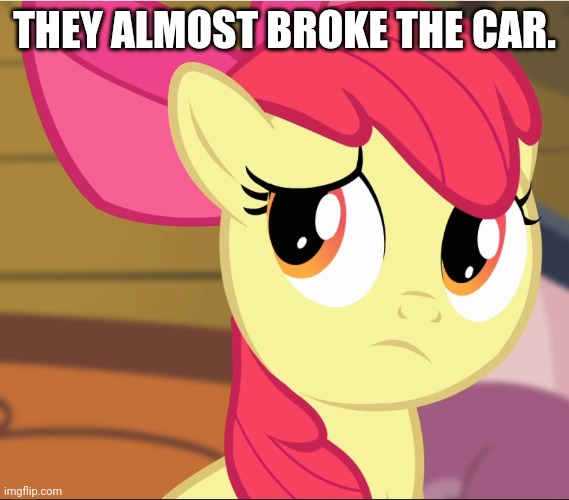 Sad Apple Bloom (MLP) | THEY ALMOST BROKE THE CAR. | image tagged in sad apple bloom mlp | made w/ Imgflip meme maker