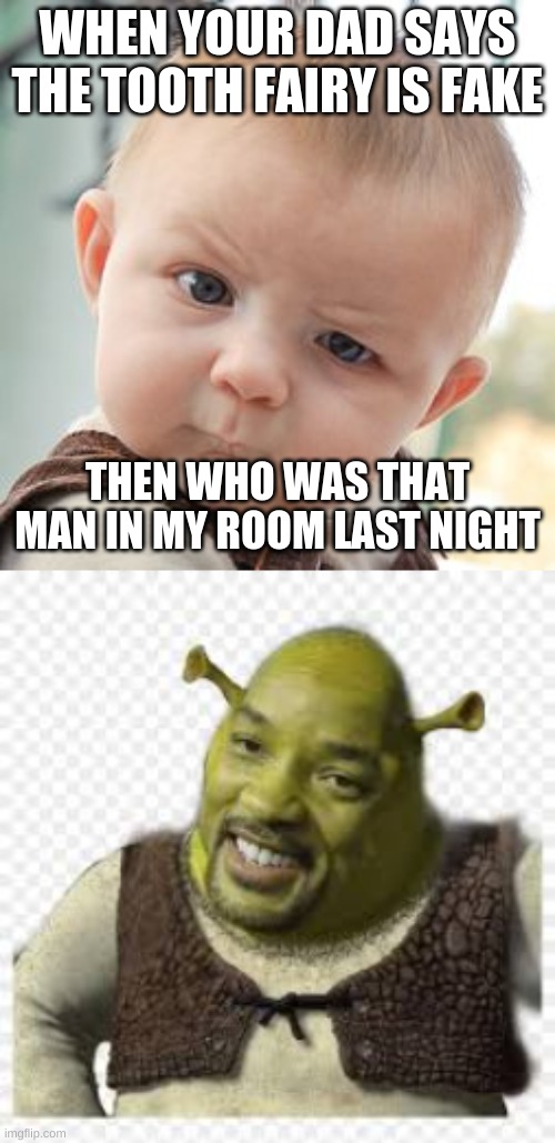 WHEN YOUR DAD SAYS THE TOOTH FAIRY IS FAKE; THEN WHO WAS THAT MAN IN MY ROOM LAST NIGHT | image tagged in memes,skeptical baby | made w/ Imgflip meme maker