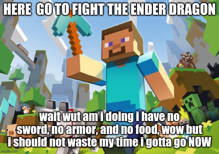 Minecraft  | HERE  GO TO FIGHT THE ENDER DRAGON; wait wut am i doing i have no sword, no armor, and no food, wow but i should not waste my time i gotta go NOW | image tagged in minecraft | made w/ Imgflip meme maker