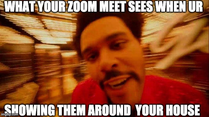 Weeknd Half Time Show | WHAT YOUR ZOOM MEET SEES WHEN UR; SHOWING THEM AROUND  YOUR HOUSE | image tagged in weekend half time show | made w/ Imgflip meme maker