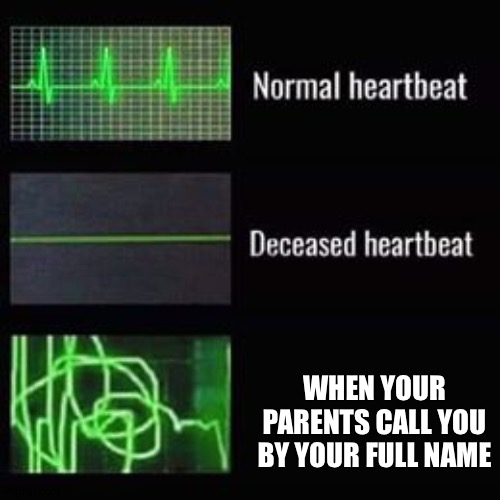 First person to comment oof I upvote all memes and follow | WHEN YOUR PARENTS CALL YOU BY YOUR FULL NAME | image tagged in heartbeat rate | made w/ Imgflip meme maker