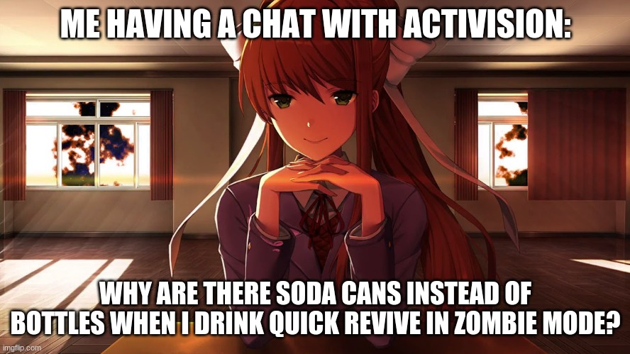 Doki Doki Literature Club | ME HAVING A CHAT WITH ACTIVISION:; WHY ARE THERE SODA CANS INSTEAD OF BOTTLES WHEN I DRINK QUICK REVIVE IN ZOMBIE MODE? | image tagged in doki doki literature club | made w/ Imgflip meme maker