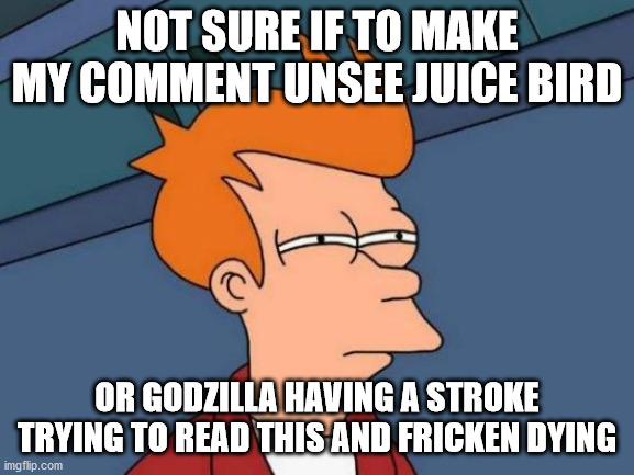 Futurama Fry Meme | NOT SURE IF TO MAKE MY COMMENT UNSEE JUICE BIRD OR GODZILLA HAVING A STROKE TRYING TO READ THIS AND FRICKEN DYING | image tagged in memes,futurama fry | made w/ Imgflip meme maker