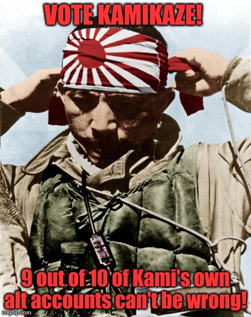 kamikaze | VOTE KAMIKAZE! 9 out of 10 of Kami's own alt accounts can't be wrong! | image tagged in kamikaze | made w/ Imgflip meme maker