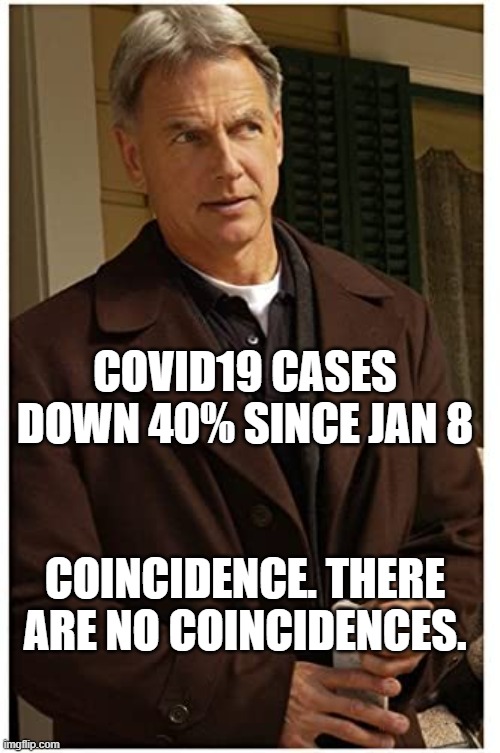 Coincidence - Leroy Jethro Gibbs | COVID19 CASES DOWN 40% SINCE JAN 8; COINCIDENCE. THERE ARE NO COINCIDENCES. | image tagged in covid-19,coincidence,coronavirus,ncis,gibbs,science | made w/ Imgflip meme maker