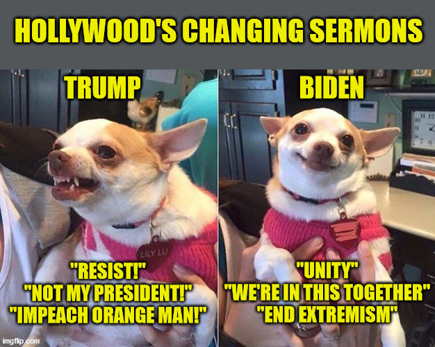 Celebrities know whats best for you. Just obey! | HOLLYWOOD'S CHANGING SERMONS; BIDEN; TRUMP; "UNITY"
"WE'RE IN THIS TOGETHER"
"END EXTREMISM"; "RESIST!"
"NOT MY PRESIDENT!"
"IMPEACH ORANGE MAN!" | image tagged in angry dog meme,president trump,president biden,boycott hollywood,hypocrisy | made w/ Imgflip meme maker