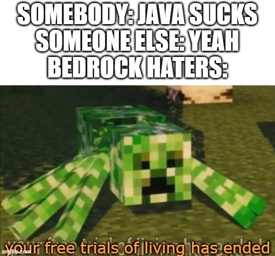 Your Free Trial of Living Has Ended | SOMEBODY: JAVA SUCKS
SOMEONE ELSE: YEAH
BEDROCK HATERS:; your free trials of living has ended | image tagged in your free trial of living has ended | made w/ Imgflip meme maker