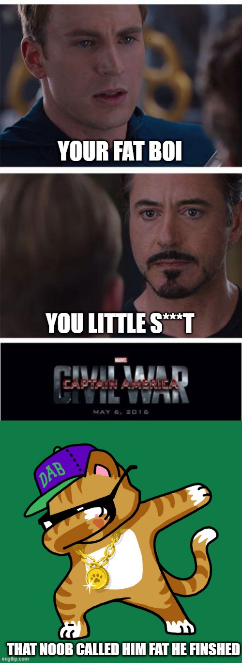 dab cat dabs on a war | YOUR FAT BOI; YOU LITTLE S***T; THAT NOOB CALLED HIM FAT HE FINSHED | image tagged in memes,marvel civil war 1,cat dabs | made w/ Imgflip meme maker