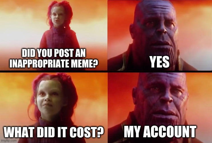 inappropriate memes are always the best | DID YOU POST AN INAPPROPRIATE MEME? YES; WHAT DID IT COST? MY ACCOUNT | image tagged in thanos what did it cost | made w/ Imgflip meme maker