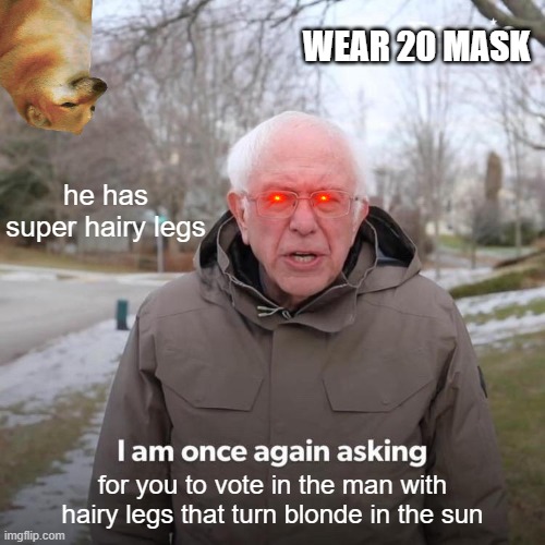 this is a joke okay yes i do not support joe biden pls be nice! | WEAR 20 MASK; he has super hairy legs; for you to vote in the man with hairy legs that turn blonde in the sun | image tagged in memes,bernie i am once again asking for your support | made w/ Imgflip meme maker