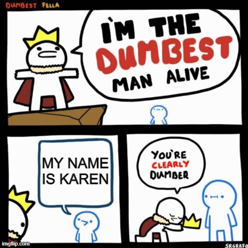 I'm the dumbest man alive | MY NAME IS KAREN | image tagged in i'm the dumbest man alive | made w/ Imgflip meme maker