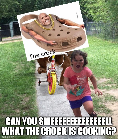 crock is coming for you | CAN YOU SMEEEEEEEEEEEEEELL WHAT THE CROCK IS COOKING? | image tagged in orangutan chasing girl on a tricycle | made w/ Imgflip meme maker