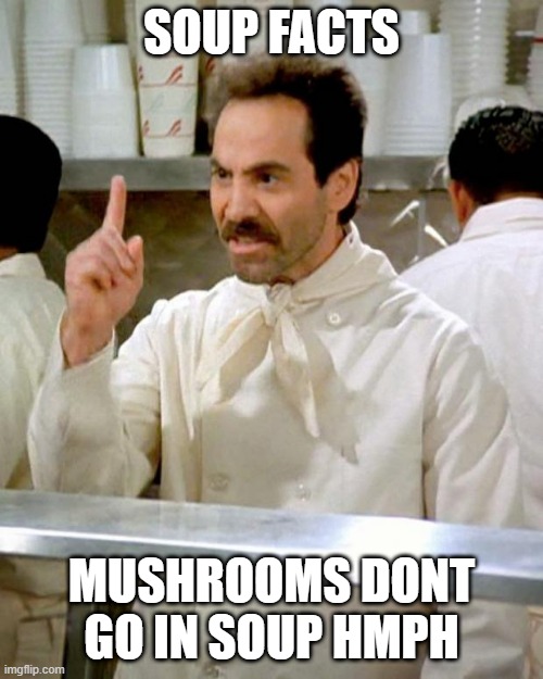 s o u p | SOUP FACTS; MUSHROOMS DONT GO IN SOUP HMPH | image tagged in soup nazi | made w/ Imgflip meme maker