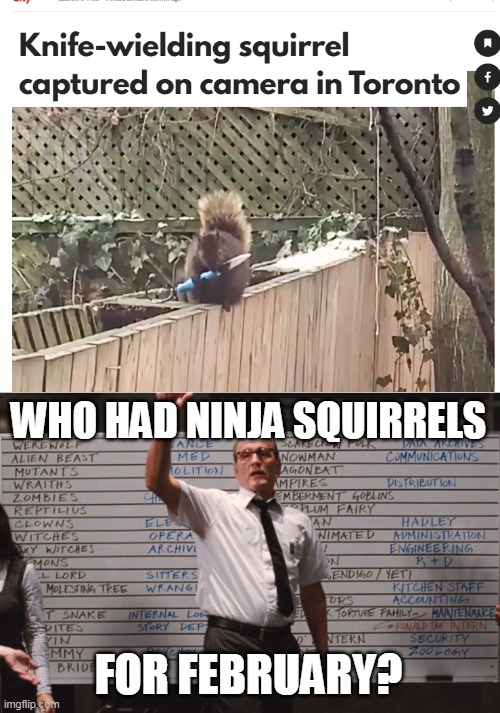  WHO HAD NINJA SQUIRRELS; FOR FEBRUARY? | image tagged in cabin the the woods | made w/ Imgflip meme maker
