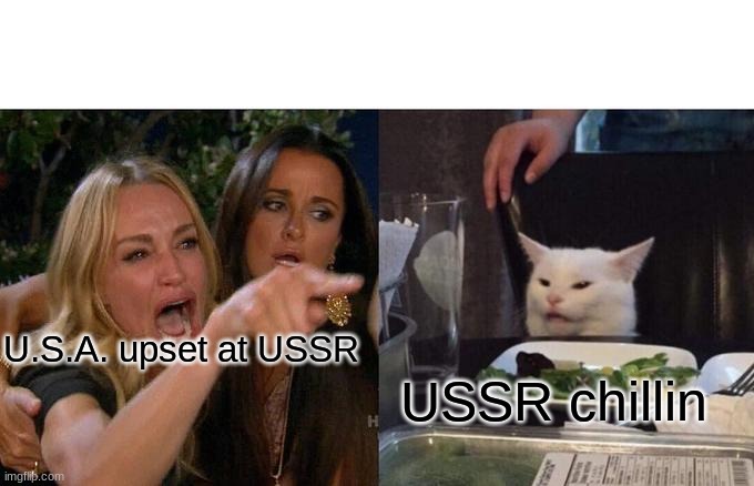 USSR CHILLIN | U.S.A. upset at USSR; USSR chillin | image tagged in memes,woman yelling at cat | made w/ Imgflip meme maker