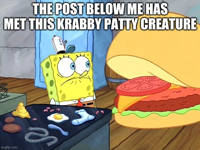 sponge bob talking to krabby patty | THE POST BELOW ME HAS MET THIS KRABBY PATTY CREATURE | image tagged in sponge bob talking to krabby patty | made w/ Imgflip meme maker