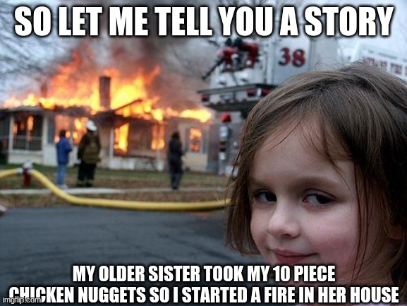 SAVAGE | SO LET ME TELL YOU A STORY; MY OLDER SISTER TOOK MY 10 PIECE CHICKEN NUGGETS SO I STARTED A FIRE IN HER HOUSE | image tagged in memes,disaster girl | made w/ Imgflip meme maker