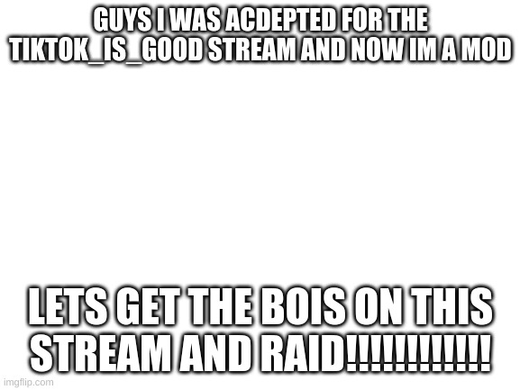 COME ON war_against_tiktok, LETS RAID | GUYS I WAS ACDEPTED FOR THE TIKTOK_IS_GOOD STREAM AND NOW IM A MOD; LETS GET THE BOIS ON THIS STREAM AND RAID!!!!!!!!!!!! | image tagged in blank white template,raid | made w/ Imgflip meme maker