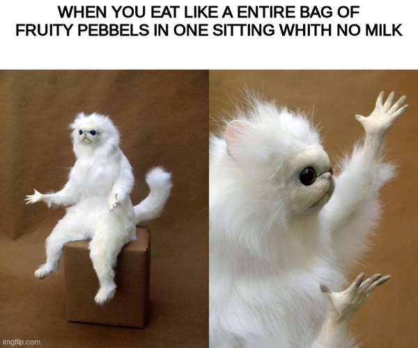 Persian Cat Room Guardian |  WHEN YOU EAT LIKE A ENTIRE BAG OF FRUITY PEBBELS IN ONE SITTING WHITH NO MILK | image tagged in memes,persian cat room guardian | made w/ Imgflip meme maker