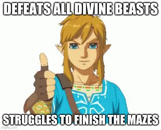 Link Thumbs Up | DEFEATS ALL DIVINE BEASTS; STRUGGLES TO FINISH THE MAZES | image tagged in link thumbs up | made w/ Imgflip meme maker