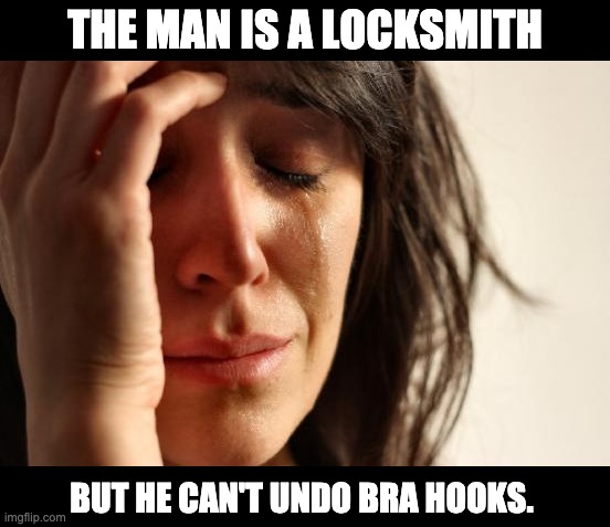 Locksmith | THE MAN IS A LOCKSMITH; BUT HE CAN'T UNDO BRA HOOKS. | image tagged in memes,first world problems | made w/ Imgflip meme maker