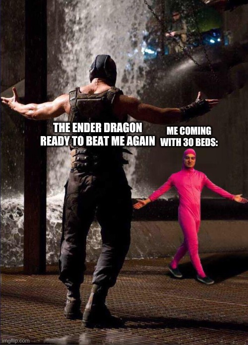 minecraft??? | THE ENDER DRAGON READY TO BEAT ME AGAIN; ME COMING WITH 30 BEDS: | image tagged in pink guy vs bane | made w/ Imgflip meme maker