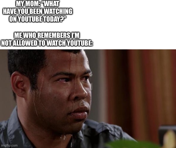 sweating bullets | MY MOM: “WHAT HAVE YOU BEEN WATCHING ON YOUTUBE TODAY?”; ME WHO REMEMBERS I’M NOT ALLOWED TO WATCH YOUTUBE: | image tagged in sweating bullets | made w/ Imgflip meme maker
