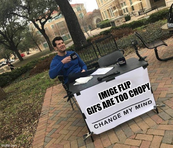 IMIGE FLIP GIFS ARE TOO CHOPY | image tagged in change my mind | made w/ Imgflip meme maker