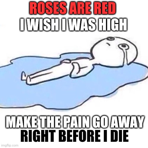 Only if I would happen | ROSES ARE RED; I WISH I WAS HIGH; MAKE THE PAIN GO AWAY; RIGHT BEFORE I DIE | image tagged in crying man,memes,dark humor,pain | made w/ Imgflip meme maker