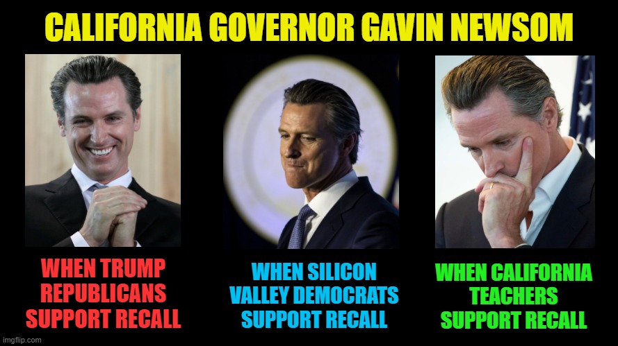 Gavin Newsom: Recall? What, me worry? | CALIFORNIA GOVERNOR GAVIN NEWSOM; WHEN TRUMP REPUBLICANS SUPPORT RECALL; WHEN SILICON VALLEY DEMOCRATS SUPPORT RECALL; WHEN CALIFORNIA TEACHERS SUPPORT RECALL | image tagged in blank black horizontal,memes,gavin newsom,politics,california,recall | made w/ Imgflip meme maker