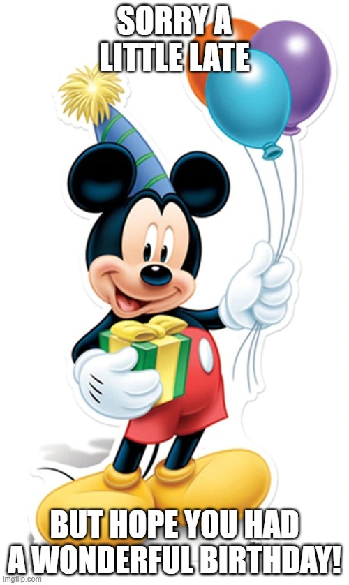Late birthday | SORRY A LITTLE LATE; BUT HOPE YOU HAD A WONDERFUL BIRTHDAY! | image tagged in mickey mouse | made w/ Imgflip meme maker
