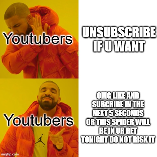 Drake Hotline Boi | Youtubers; UNSUBSCRIBE IF U WANT; OMG LIKE AND SUBCRIBE IN THE NEXT 5 SECONDS OR THIS SPIDER WILL BE IN UR BET TONIGHT DO NOT RISK IT; Youtubers | image tagged in memes,drake hotline bling | made w/ Imgflip meme maker