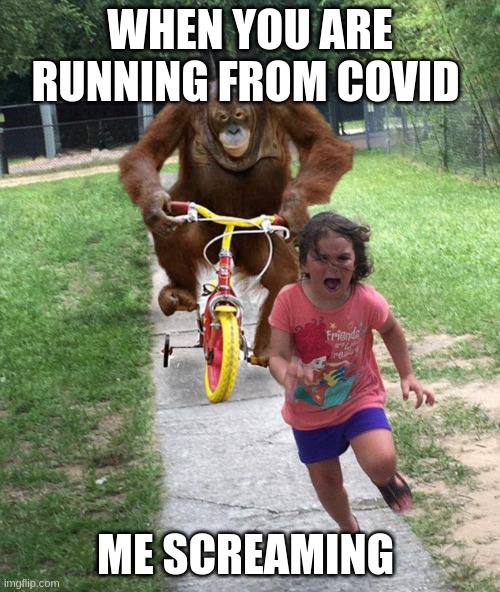 covid me | WHEN YOU ARE RUNNING FROM COVID; ME SCREAMING | image tagged in orangutan chasing girl on a tricycle | made w/ Imgflip meme maker