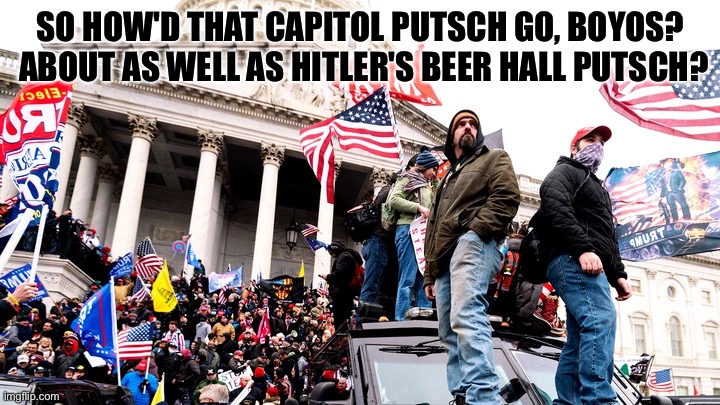 Yeah, how about that? | SO HOW'D THAT CAPITOL PUTSCH GO, BOYOS?
 ABOUT AS WELL AS HITLER'S BEER HALL PUTSCH? | image tagged in capitol riot | made w/ Imgflip meme maker